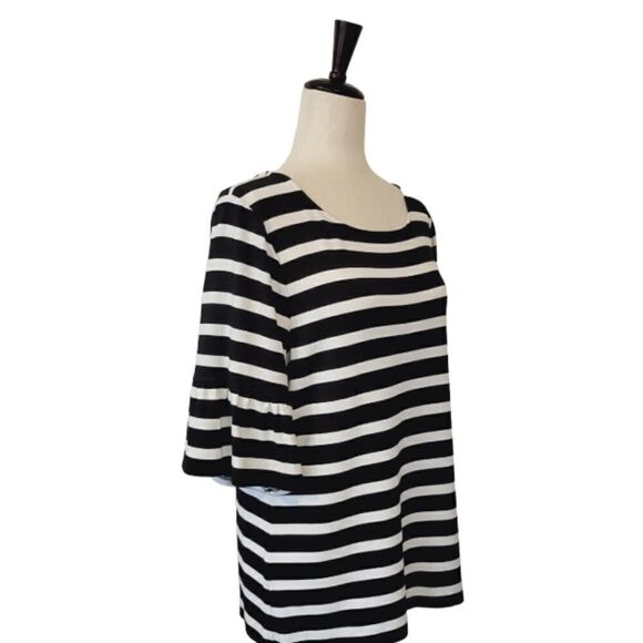 Talbots Black & White Striped  Ruffle Detail Sleeve Stretch Knit  Blouse Size L - Picture 3 of 7